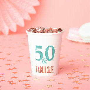 サンゴ色とミントグリーンのレトロなペーパカップでお祝い 50歳 紙コップ