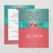 サンゴ色と水色の花のハートの出欠カード 出欠カード (正面/裏面)