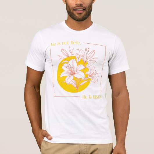 サンゴ色と黄色のユリのデザイン - 主は復活した！ Tシャツ (正面)