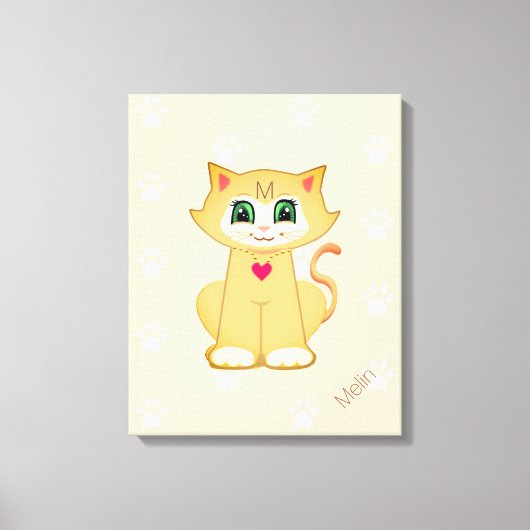 サンゴ色のかわいい子猫と肉球模様 キャンバスプリント (正面)