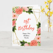 サンゴ色のバラと葉の誕生日 カード (黄色い花)
