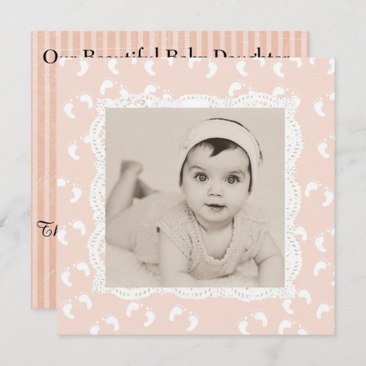 サンゴ色のベビーガール誕生のお知らせ 案内状 (正面/裏面)