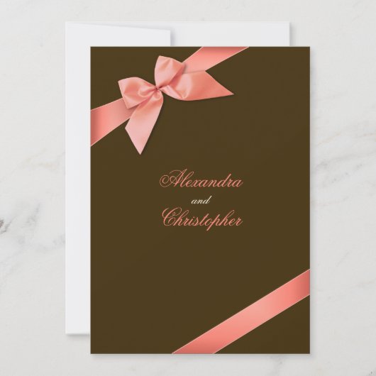 サンゴ色のリボン ウェディング アナウンスメント 招待状 (正面)