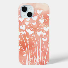 サンゴ色の水彩画風スマホケース:ハートの花 iPhone 15ケース