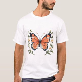 サンゴ色の蝶とデイジーと庭の葉 Tシャツ
