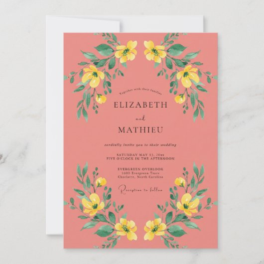 サンゴ色の黄色い花のボタニカルウェディング 招待状 (正面)
