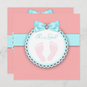 サンゴ色 ティールブルー ピンク 足跡 ベビーシャワー 招待状 (正面/裏面)