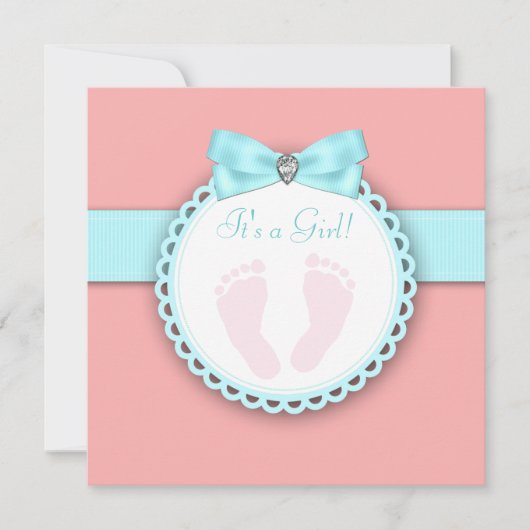 サンゴ色 ティールブルー ピンク 足跡 ベビーシャワー 招待状 (正面)