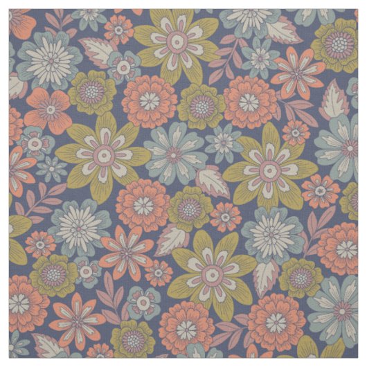 サンゴ色・青・緑の花の開花と花ざかり ファブリック (見本)