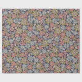 サンゴ色、青、緑の花の開花と花ざかり ラッピングペーパー