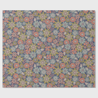 サンゴ色、青、緑の花の開花と花ざかり ラッピングペーパー