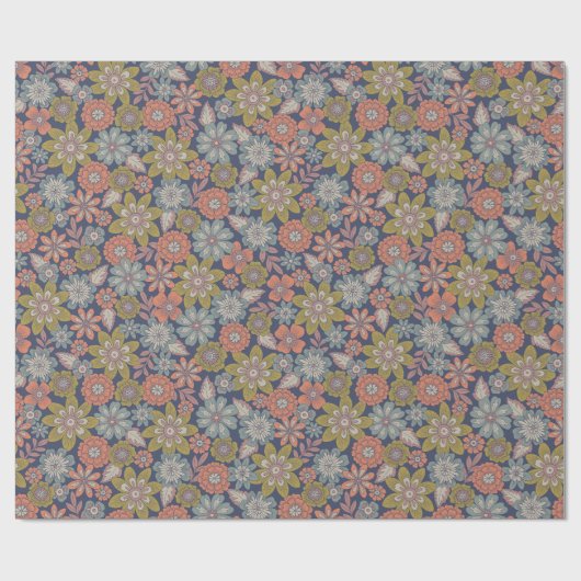 サンゴ色、青、緑の花の開花と花ざかり ラッピングペーパー (フラット)