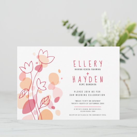 サンゴ赤の花グラフィック紙吹雪結婚花びら 招待状 (スタンド正面)