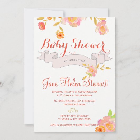 サンゴ赤フローラ水色リボン赤シャワー 招待状 (正面)