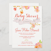 サンゴ赤フローラ水色リボン赤シャワー 招待状 (正面/裏面)