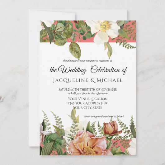 サンゴ赤面フローラアイボリー牡丹結婚のバラリーフ 招待状 (正面)