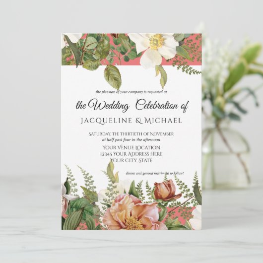 サンゴ赤面フローラアイボリー牡丹結婚のバラリーフ 招待状 (スタンド正面)