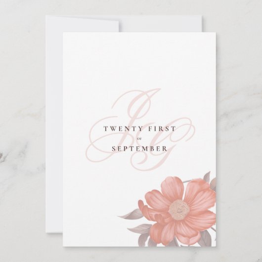 サンゴ軟灰色モノグラムイニシャルフローラ 招待状 (裏面)