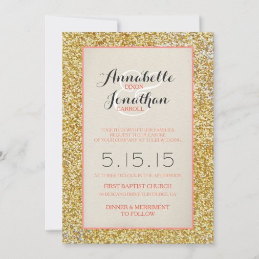 サンゴ金ゴールドグリッターの結婚発表招待状 招待状 (正面)