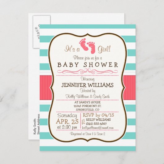 サンゴ、アクア、白いの赤ストライプちゃんシャワー インビテーションポストカード (正面/裏面)