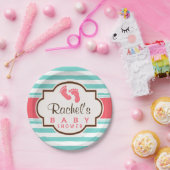 サンゴ、アクア、白いの赤ストライプちゃんシャワー ペーパープレート (パーティー)