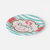 サンゴ、アクア、白いの赤ストライプちゃんシャワー ペーパープレート (アングル)