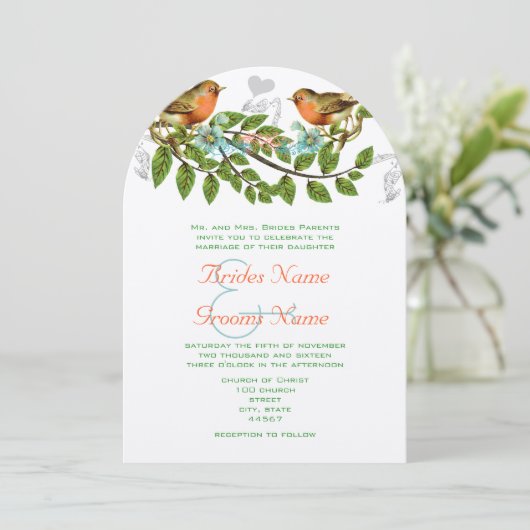 サンゴ　アップル　アクア　ヴィンテージ　鳥　結婚式　招待状 招待状 (スタンド正面)