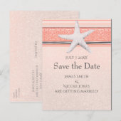 サンゴ オレンジ & ホワイト スターフィッシュ ビーチ セーブ・ザ・デート 案内ポストカード (正面/裏面)