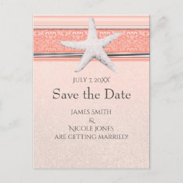 サンゴ オレンジ & ホワイト スターフィッシュ ビーチ セーブ・ザ・デート 案内ポストカード