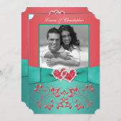 サンゴ、グリーンフローラ結合ハート写真招待状 招待状 (正面/裏面)