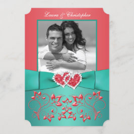 サンゴ、グリーンフローラ結合ハート写真招待状 招待状