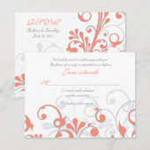 サンゴ グレー ホワイト アブストラクト フラワー ウェディング RSVP カード (正面/裏面)