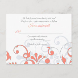 サンゴ グレー ホワイト アブストラクト フラワー ウェディング RSVP カード