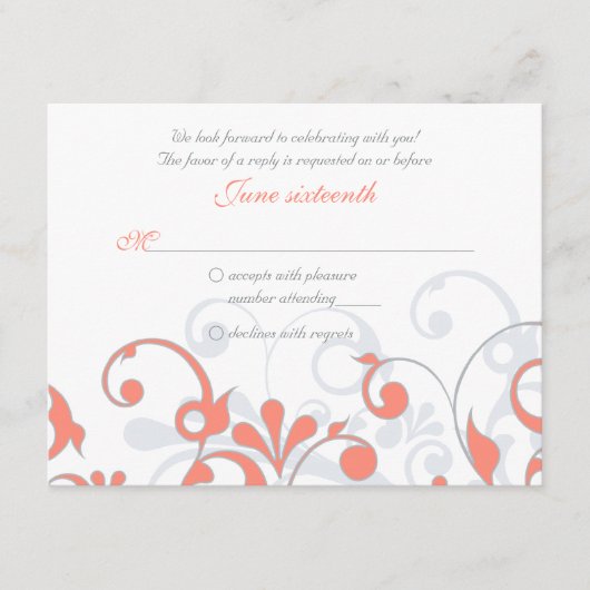サンゴ グレー ホワイト アブストラクト フラワー ウェディング RSVP カード (正面)