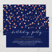 サンゴ＆ゴールドのコンフェッティドット ブルーの誕生日パーティー 招待状 (正面/裏面)