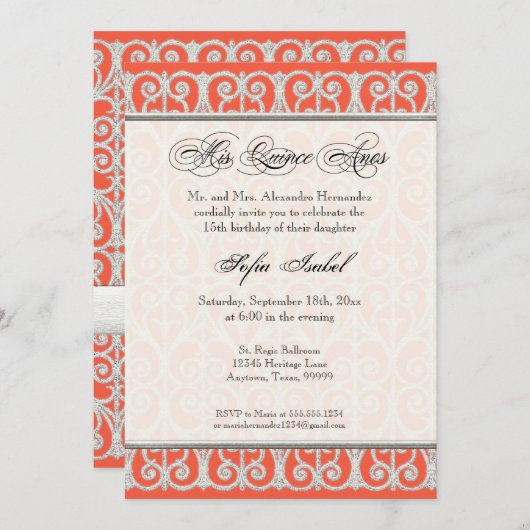 サンゴ&シルバー、ダイヤモンド&レース、ミス·クリンス·アーノス 招待状 (正面/裏面)