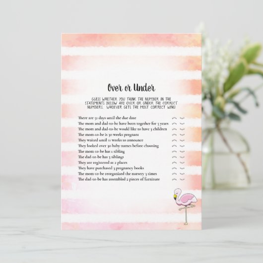 サンゴ ストライプ フラミンゴ オーバー アンダー ベビー シャワー ゲーム 招待状 (スタンド正面)