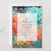 サンゴ、ターコイズ、および金ゴールドフローラ結婚の 招待状 (正面)