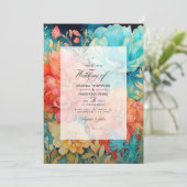 サンゴ、ターコイズ、および金ゴールドフローラ結婚の 招待状 (スタンド正面)