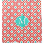 サンゴ、ターコイズ、白イカットのひし形 シャワーカーテン (正面)