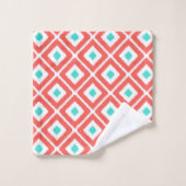 サンゴ、ターコイズ、白イカットのひし形 バスタオルセット (ウォッシュタオル)