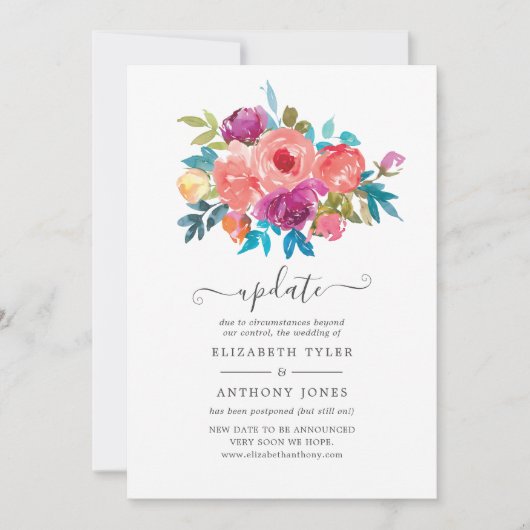 サンゴ、ターコイズ、紫のフローラ結婚の更新 招待状 (正面)