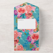 サンゴ、ターコイズ、紫のフローラ オールインワン招待状 (外側)