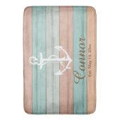 サンゴ&ティール（緑がかった色）ビーチウッ航海のドストライプ バスマット (正面縦)