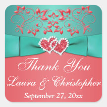 サンゴ、ティール（緑がかった色）フローラ、ハート1.5インチSq.結婚式の引き出物2