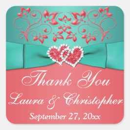 サンゴ、ティール（緑がかった色）フローラ、ハート1.5インチSq.結婚式の引き出物2 スクエアシール