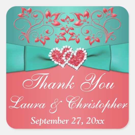 サンゴ、ティール（緑がかった色）フローラ、ハート1.5インチSq.結婚式の引き出物2 スクエアシール (正面)