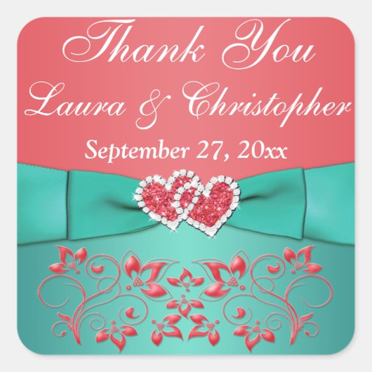 サンゴ、ティール(緑がかった色)フローラ、ハート1.5インチSq.結婚式の引き出物 スクエアシール (正面)