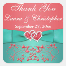 サンゴ、ティール（緑がかった色）フローラ、ハート1.5インチSq.結婚式の引き出物