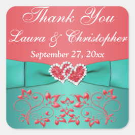 サンゴ、ティール（緑がかった色）フローラ、ハート1.5インチSq.結婚式の引き出物 スクエアシール